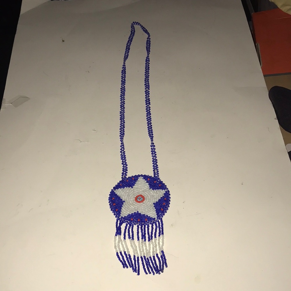 Handmade Blue Beaded Star Fringe Necklace